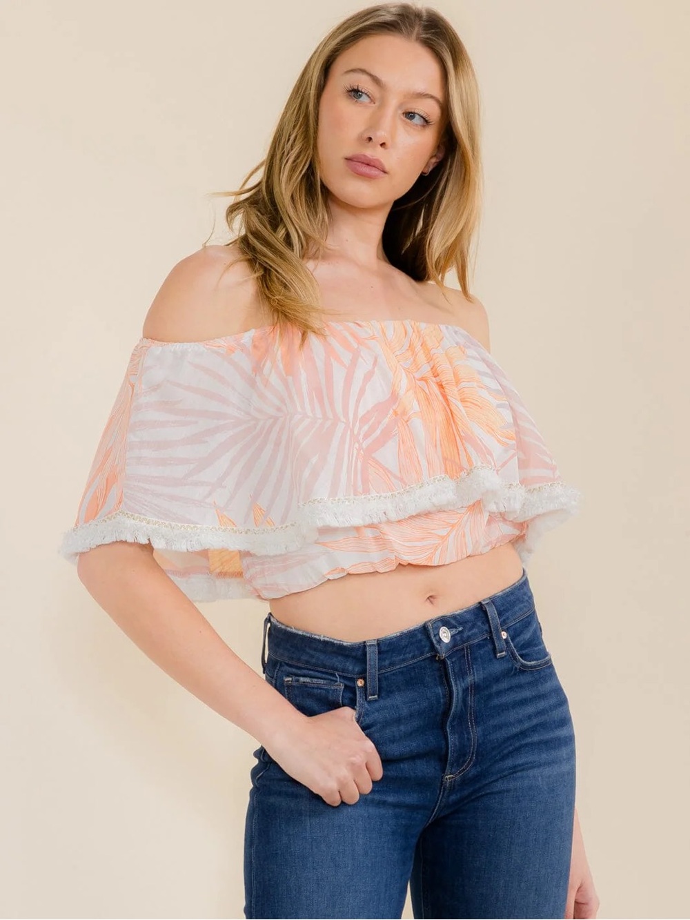 NWT Off-Shoulder Peach & Pink Tropical Print Crop Top | Vacation | Brunch